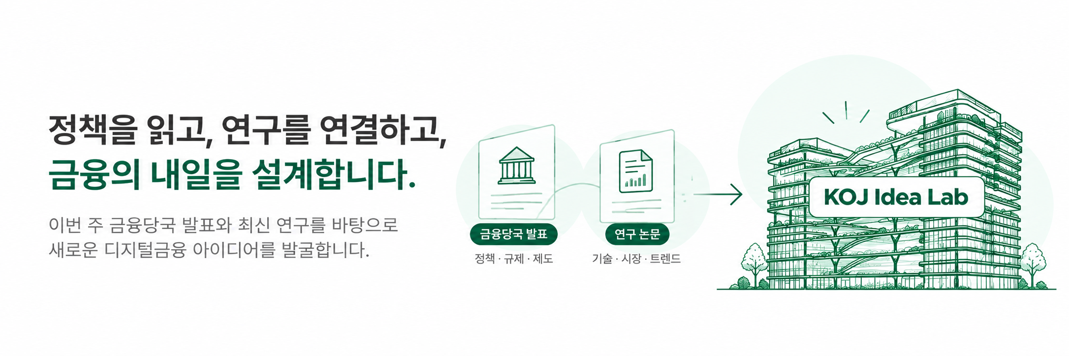 정책을 읽고, 연구를 연결하고, 금융의 내일을 설계합니다. 이번 주 금융당국 발표와 최신 연구를 바탕으로 새로운 디지털금융 아이디어를 발굴합니다. KOJ Idea Lab